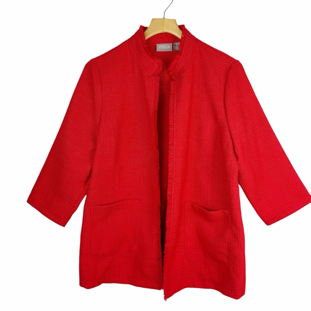 Chicos Red Boucle Textured Fringe Open Front Jacket Size Large 12